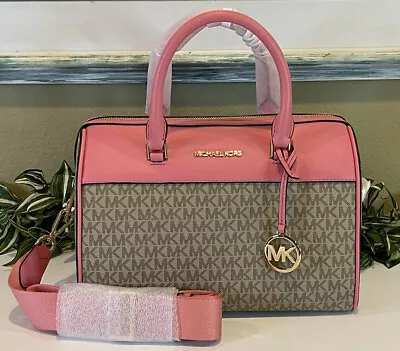 Michael Kors Travel Medium Duffle Satchel Shoulder Bag Tea Rose Pink Leather • $115.99