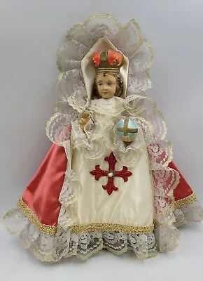 Vintage Infant Of Prague Statue Chalkware 13  Tall Includes Ornate Lace Robe • $76.50