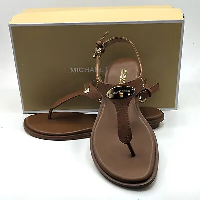 Michael Kors Women's Logo MK Plate Thong Leather Flat Sandal Luggage Brown 6.5 M • $49.99