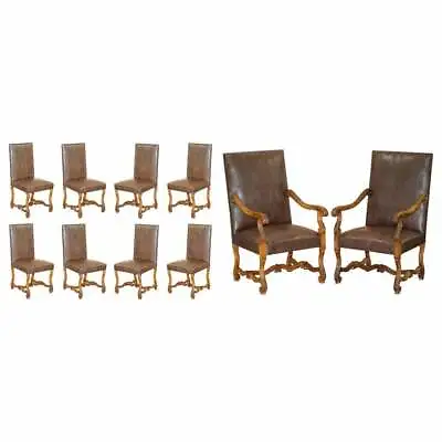 Suite Of 10 Carolean Dining Chairs With Crocodile Alligator Patina Leather Ten • $7398.90