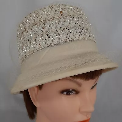 Womens Vintage Union Made Hat Beige Straw With Ribbon And Netting Church Easter • $24.95