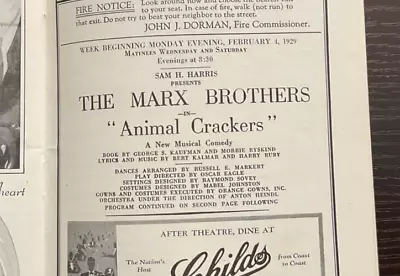 44th Street Theatre Program For “Animal Crackers” Starring Marx Brothers - 1929 • $60