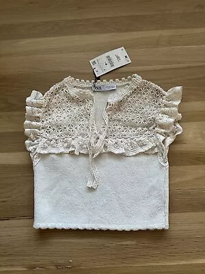 Zara Cream Lace Embroidered Sweater Small Crop Open Neck Eyelet Knit NWT • $15