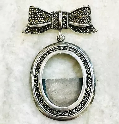 VTG Sterling Silver Bow Marcasite Picture Locket Oval Art Deco Brooch Pin 2” • $45