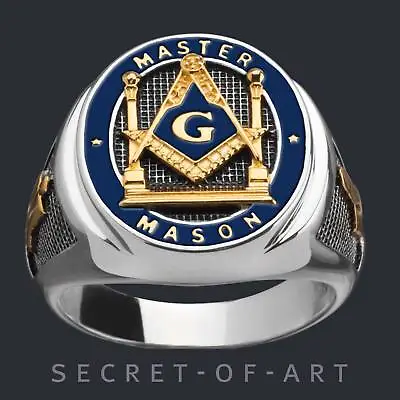 Masonic Ring Master Mason Freemason Pillars Silver 925 & GoldPlated Blue Enamel • £152.80
