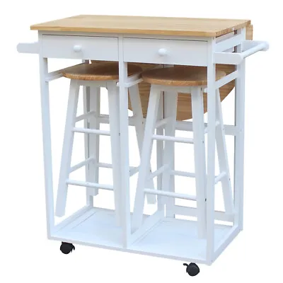 Wood Folding Rolling Dining Table Kitchen Island Car With 2 Stools 2 Drawers • $122.89
