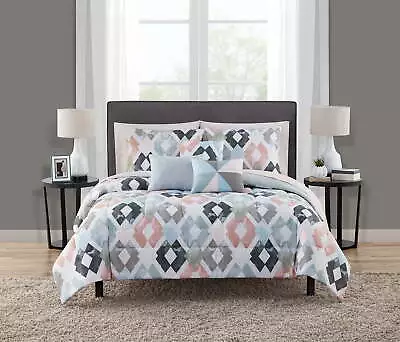 Mainstays Pink And Teal Diamond 8 Piece Bed In A Bag Comforter Set With Sheets • $30.80