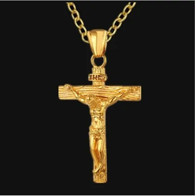 Mens Women Chain Necklace Cross Stainless Steel Pendant Crucifix Jesus UK • £2.99