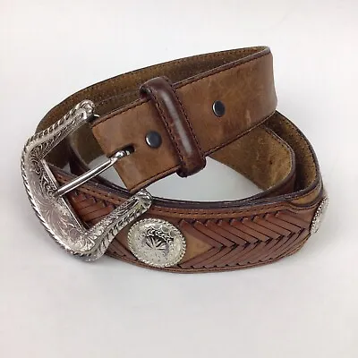 Vtg Tony Lama Hitched Horse Hair Braided Leather Concho Belt Silver Tone Buckle • $28