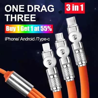 3 In 1 Fast Mobile Type-C 180° Charge Cable Charging For IPhone 120W 1.2M Line • £3.37