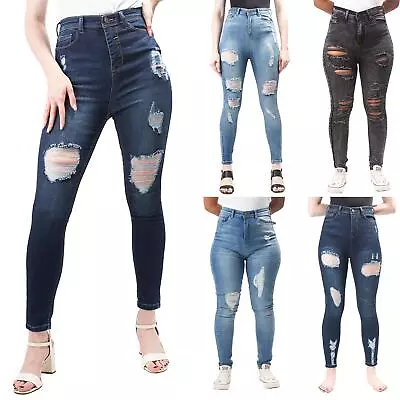 Womens Distress High Waisted Ankle Ripped Cotton Denim Skinny Jeans UK Plus Size • £8.49