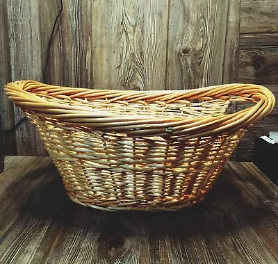 Natural Wicker Laundry Basket Woven Oval Twisted Handles Large 24  X 18  VTG • $119.99