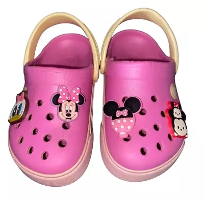 Girls Crocs Sz 8 9 C With Disney Jibbitz Slides Shoes Pink Minnie Donald Clogs • $10