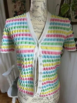 VTG SWEATER CARDIGAN Top 1970’s Pucker PASTEL COTTAGECORE Candy Color S • $24.95