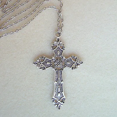 Large Gothic Cross Long Chain Necklace Goth Accessories Grunge Pendant Jewelry • £3.79