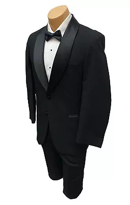 Men's Black Tuxedo Jacket With Pants Two Button Satin Shawl Lapels 37S 31W • $24.95