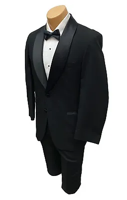 Men's Black Tuxedo Jacket With Pants Two Button Satin Shawl Lapels 40R 34W • $24.95