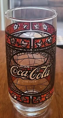 Vintage Coca Cola Stained Glass Style Drinking Glass Red Black Flowers 14 Ounces • $9.95