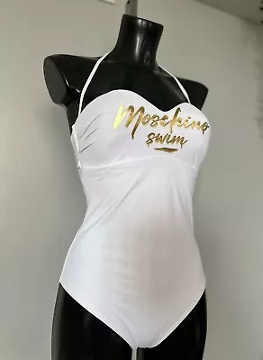 Moschino Gold Logo Swimsuit White Size S UK 10 RRP £205 • $178.81