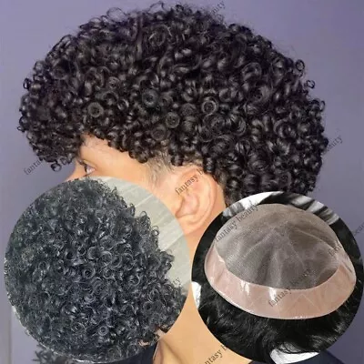 15mm Curly Mono Lace Base Men's Human Hair Toupee Black Man Hair Replacement Wig • $119