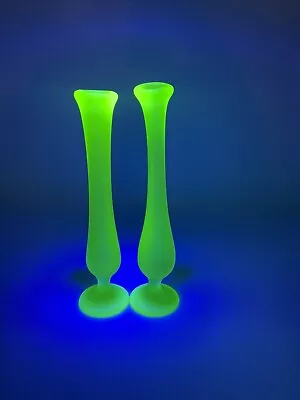 Frosted Uranium Swung Glass Bud Vase Glass 8.5” Set Of 2 Glow Footed • $35