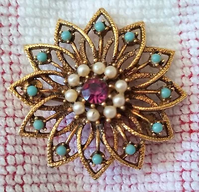 Vintage Purple Rhinestone Turquoise Seed Pearl Pin Brooch 1.5  Diameter • $12.95