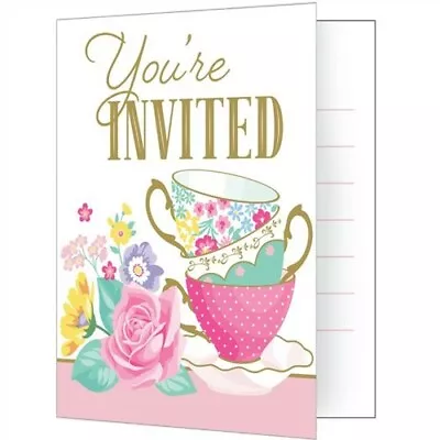 Floral Tea Party Foldover Invitations Invites 8 Pack 4  X 5  Paper Birthday • $4.29