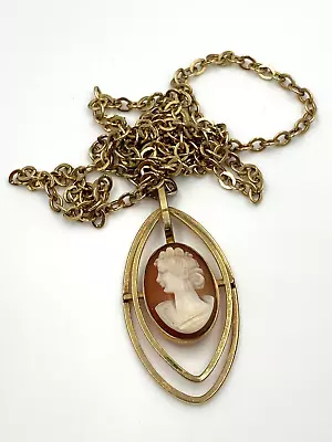 Van Dell Carved 1/20 12k Gold Filled Cameo Pendant Sterling Silver Link Necklace • $31.44