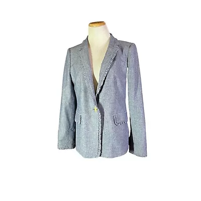 J. Crew Size 10 Regent Chambray Blazer Jacket Ruffle Trim Blue G1960 • $31.49