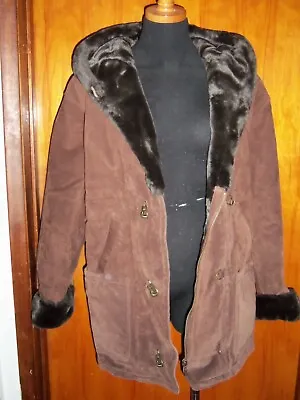 Victoria's Secret Moda International Suede Leather Fur Lined Hood Jacket Coat M • $89.99