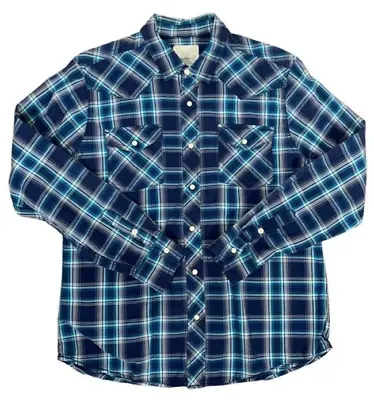 Roebuck & Co. Men Button Up Shirt Large Blue Plaid Cotton Western Pearl Snap • $16.99