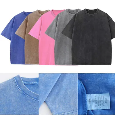 Oversized Acid Washed T Shirt Vintage Streetwear Cotton Blend Tees Loose Tops • £14.39