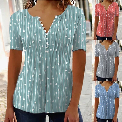 £9.99 • Buy Womens Polka Dot Print V Neck Button T Shirt Ladies Short Sleeve Blouse Tops UK