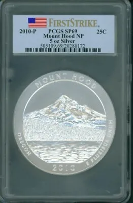 2010-p Grand Mount Hood Atb 5 Oz. Silver Pcgs Sp69 Sp-69 First Strike Np • $500