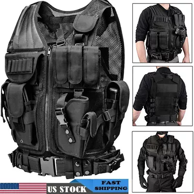 Military Tactical Vest Molle Adjustable Army Assault Combat Plate Carrier Black • $27.55