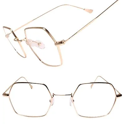 Vintage Retro Indie Designer Hexagon Gold Wire Frame Clear Lens Glasses • $12.99