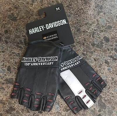 Harley Davidson 120th ANNIVERSARY Leather Motorcycle Riding Fingerless Gloves M • $37.99