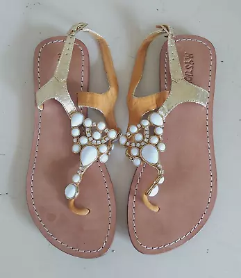 Mystique Jeweled Gold Rhinestone Embellished Resort Thong Leather Sandals 10 • $54