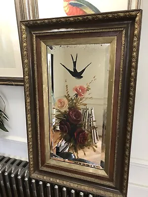 Antique Victorian Hand Painted Swallow Gypsy Mirror Bevel Edge Carved Oak Frame • £86