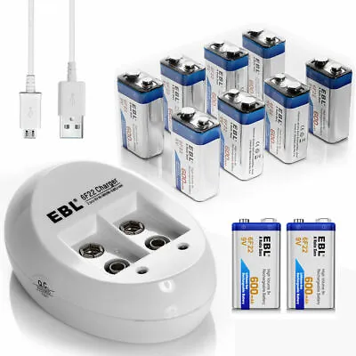 EBL 9V 600mAh 6F22 Li-ion Rechargeable Batteries / 2 Slot 9 Volt USB Charger Lot • $22.99