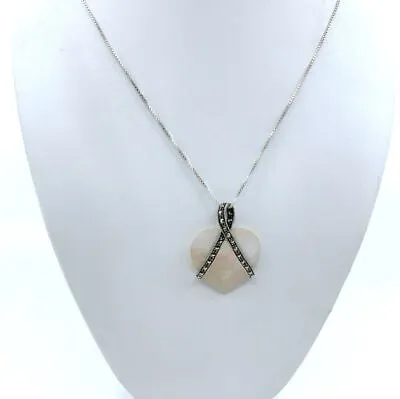 Sterling Silver Mother Of Pearl & Marcasite Heart Pendant Necklace • $12.99