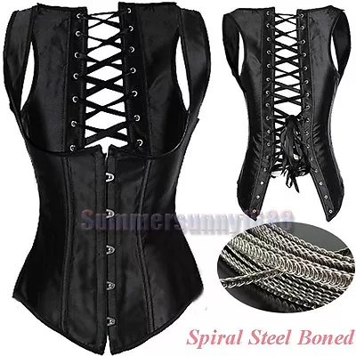 Spiral Steel Boned Black Waist Training Underbust Corset Cincher Vest Shaper Top • $24.79