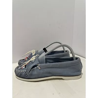 Minnetonka Womens Blue Suede Mocassing Vtg Beaded Thunderbird Size 8 • $21