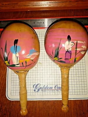 VINTAGE Pair Of Hand Painted Maracas Mexico Souvenir Gourd Wooden Shakers • $9.99