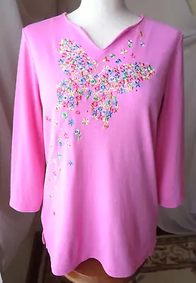 Quacker Factory T-shirt/tunic Long Slv Multicolor Floral Embroidery Pink Top S • $25.99