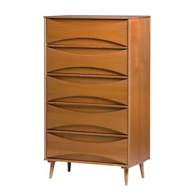 Mid Century Modern 5 Drawer Dresser Tall Chest Drawers Solid Wood Light Walnut • $629.99