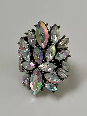 Vtg Cluster Ring Marquis Shaped Aurora Borealis Rhinestones Stretch Band Mint! • $7.95