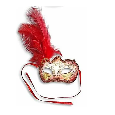 Red Feather Glitter Mask Venetian New Years Eve Masquerade Ball Face Party Mask • £8.95