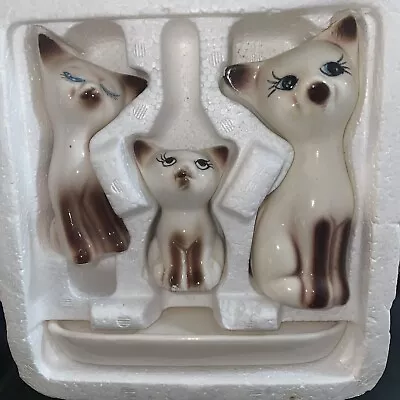 Vintage Ceramic Siamese Cat Salt & Pepper Shakers & Toothpick Holder Set On Tray • $15