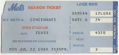 1985 NEW YORK METS Vs CINCINNATI REDS Ticket Stub DAVE CONCEPCION Home Run #96 • $3.99